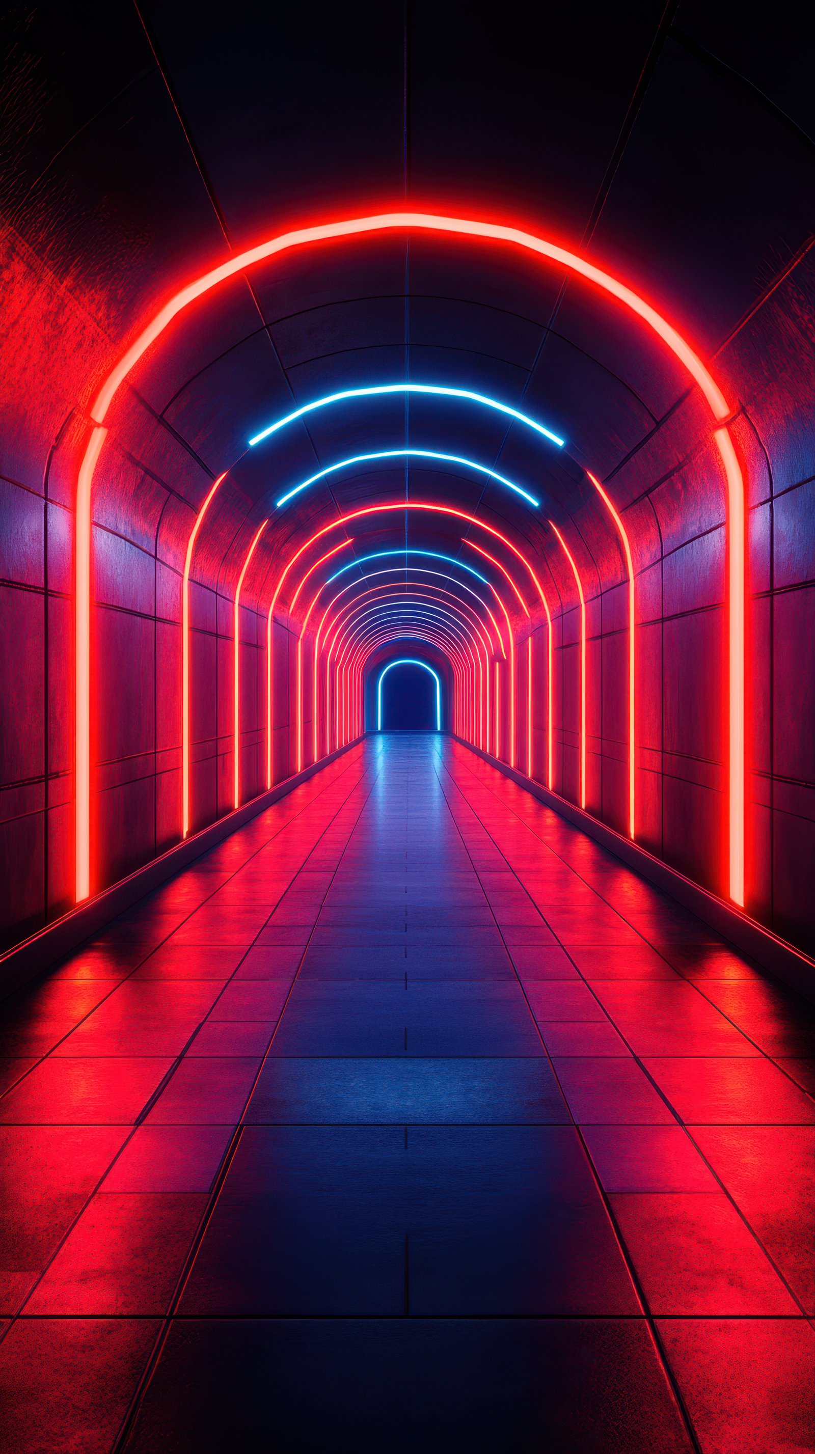 Expansive neon tunnel illuminated in red and blue lights, creating a futuristic atmosphere at night